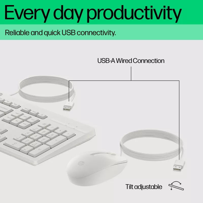 HP 225 combinazione mouse e tastiera con filo, Full-Size (100%), con filo, USB, bianco, mouse incluso