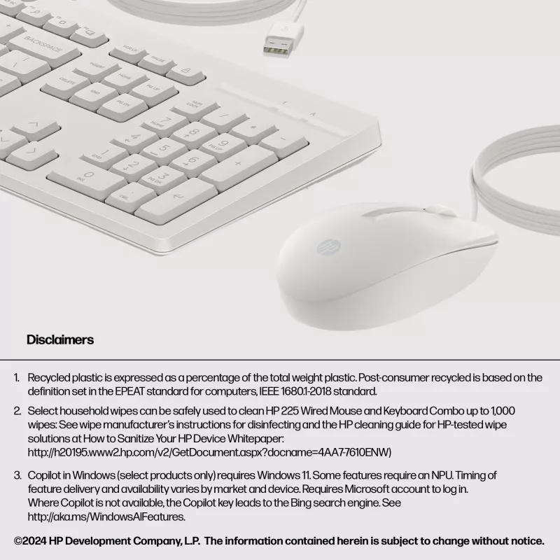 HP 225 combinazione mouse e tastiera con filo, Full-Size (100%), con filo, USB, bianco, mouse incluso
