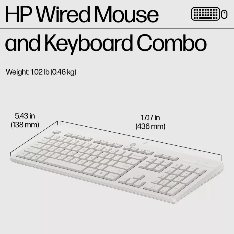 HP 225 combinazione mouse e tastiera con filo, Full-Size (100%), con filo, USB, bianco, mouse incluso