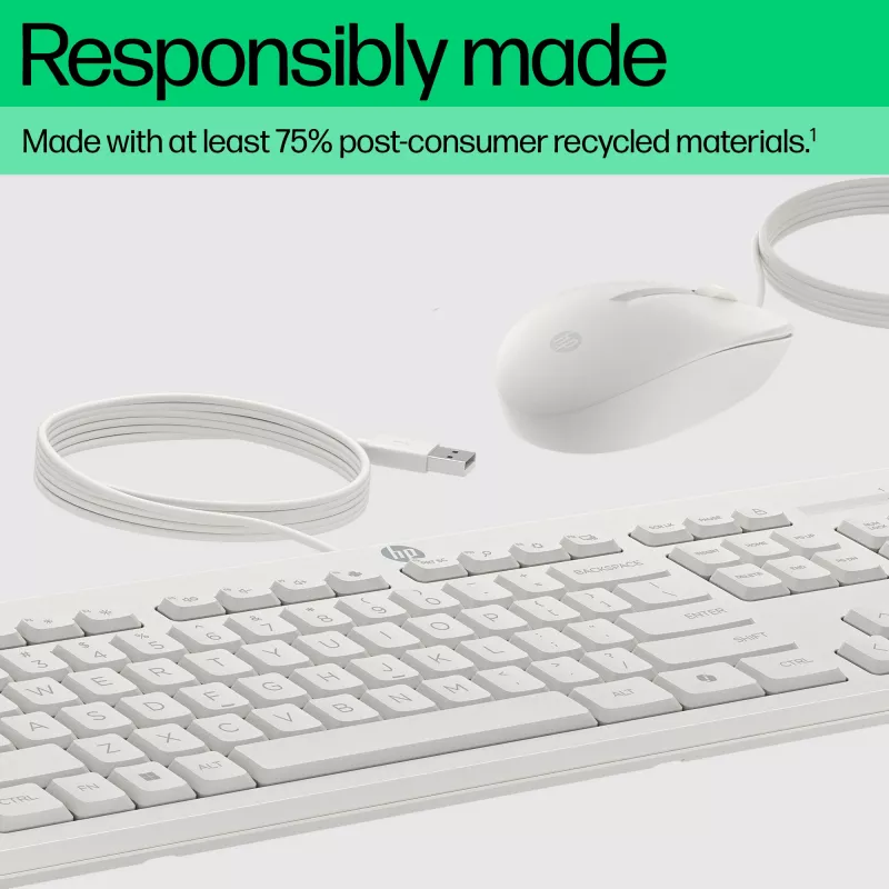 HP 225 combinazione mouse e tastiera con filo, Full-Size (100%), con filo, USB, bianco, mouse incluso