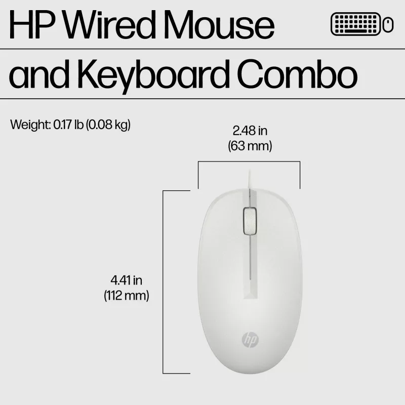 HP 225 combinazione mouse e tastiera con filo, Full-Size (100%), con filo, USB, bianco, mouse incluso