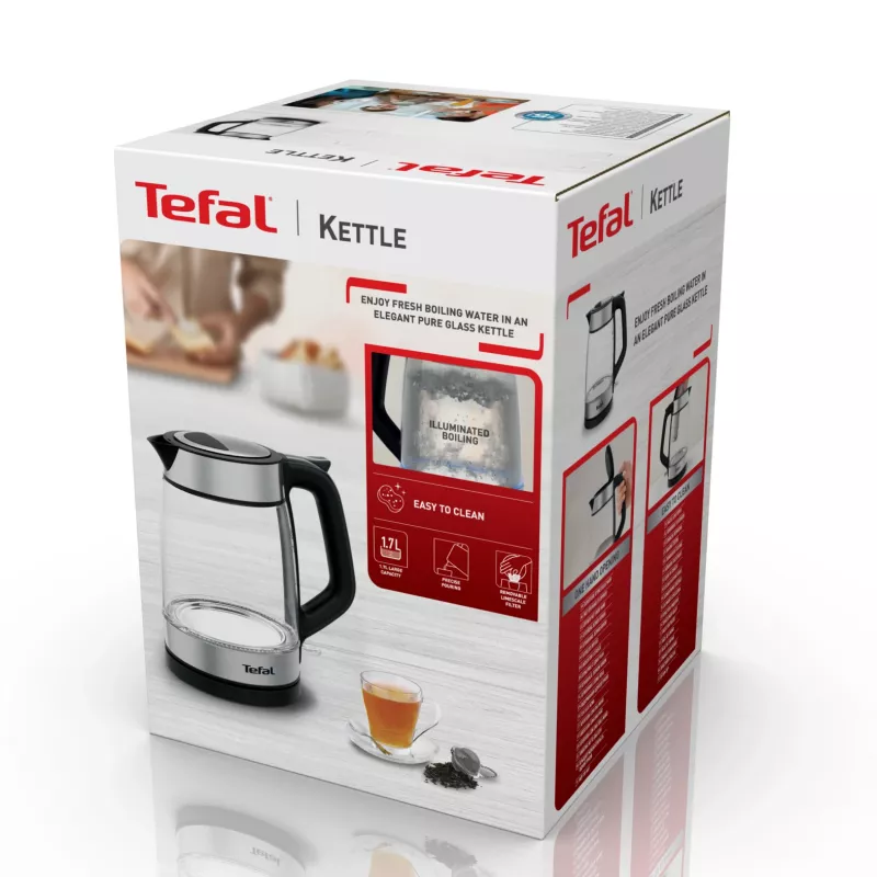Bollitore in vetro Tefal KI605830 bollitore elettrico 1,7 L 2200 W nero, argento, trasparente