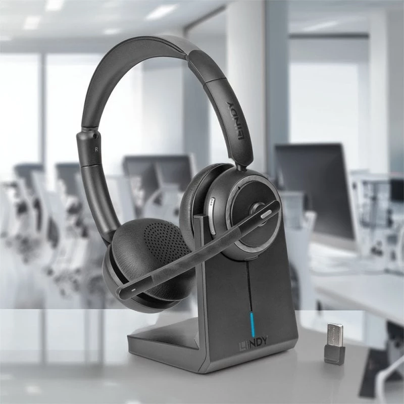 Lindy L118 cuffie wireless con cancellazione del rumore e stazione di ricarica
