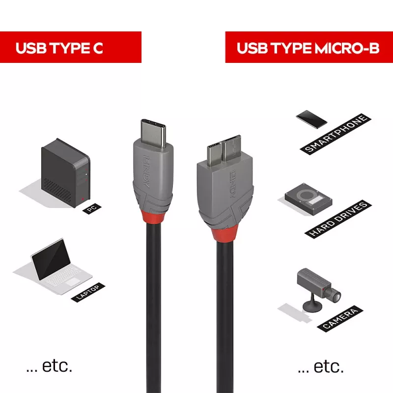 Lindy cavo USB 3.2 Type-C a Micro-B 2 m, Anthra Line, 2 m, USB C, Micro-USB B, USB 3.2 Gen 1 (3.1 Gen 1), nero