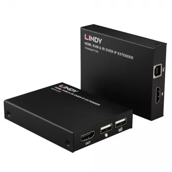 Lindy HDMI, KVM e IR over IP Extender, trasmettitore e ricevitore, con filo, 150 m, Cat5e, Cat6, nero, metallo