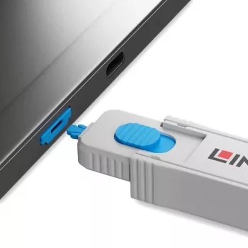 Lindy HDMI Port Blocker Kit, blu (1x chiave, 4x blocchi), port blocker + chiave, HDMI, blu, grigio, acrilonitrile-butadiene-stirene (ABS), 1 pz., sacchetto in polietilene