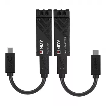 Lindy 100m Fibre Optic USB 3.2 Type-C Extender, trasmettitore e ricevitore di rete, 100 m, 10000 Mbit/s, fibra, USB 3.2 Gen 1 (3.1 Gen 1) Type-C, nero