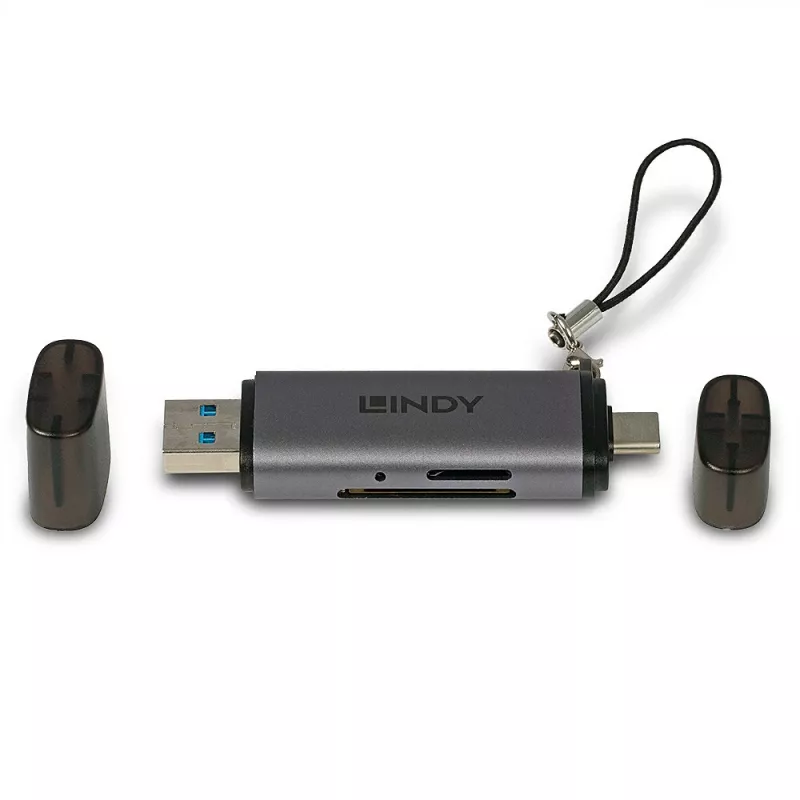 Lindy lettore di schede SD/MicroSD USB 3.2 Type-C e A, MiniSD, SD, nero, grigio, 5000 Mbit/s, USB 3.2 Gen 1 (3.1 Gen 1) Type-A/Type-C, 78,5 mm, 22,5 mm