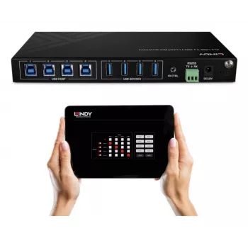 Lindy switch matrice USB 3.2 Gen 1 4x4, 5 Gbit/s, nero, metallo, selettore rotante, CE, FCC, RoHS & REACH, USB Type-A, USB Type-B