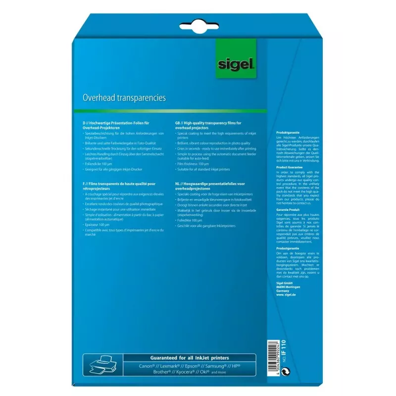 Pellicola per stampa inkjet Sigel IF110 A4 trasparente 10 fogli