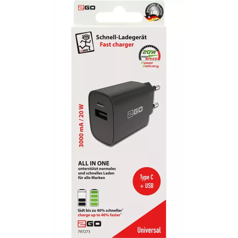 Caricabatterie mobile 2GO 797273 universale nero ricarica rapida AC
