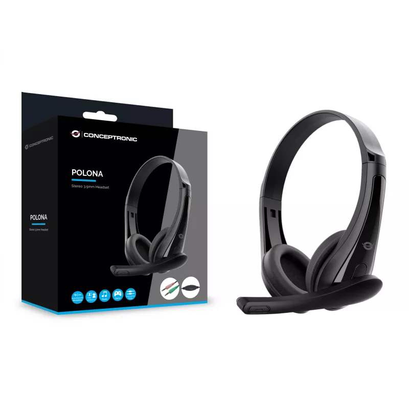 Cuffie con filo CONCEPTRONIC POLONA06B3T, stereo 3,5 mm, microfono con soppressione del rumore, supraurali, 20–20000 Hz, cavo 1,8 m, nero