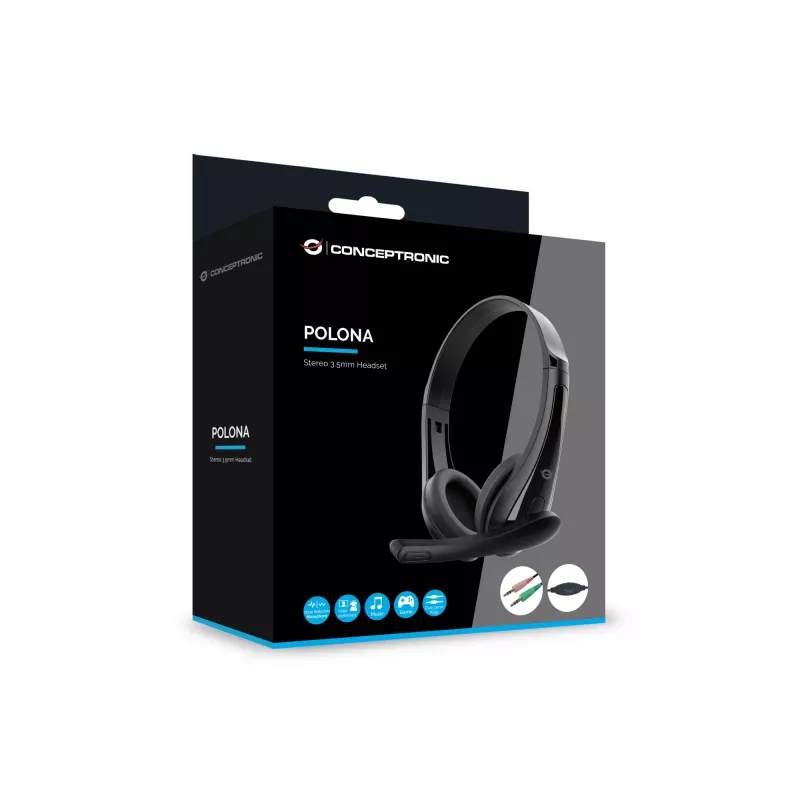 Cuffie con filo CONCEPTRONIC POLONA06B3T, stereo 3,5 mm, microfono con soppressione del rumore, supraurali, 20–20000 Hz, cavo 1,8 m, nero
