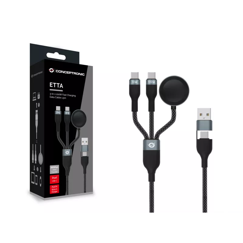 Cavo dati e ricarica rapida 3-in-1 USB A su 2× USB-C Conceptronic ETTA08B15 — 1,5 m, USB 2.0, 5 A, caricabatterie Apple Watch, 100 W E‑Mark