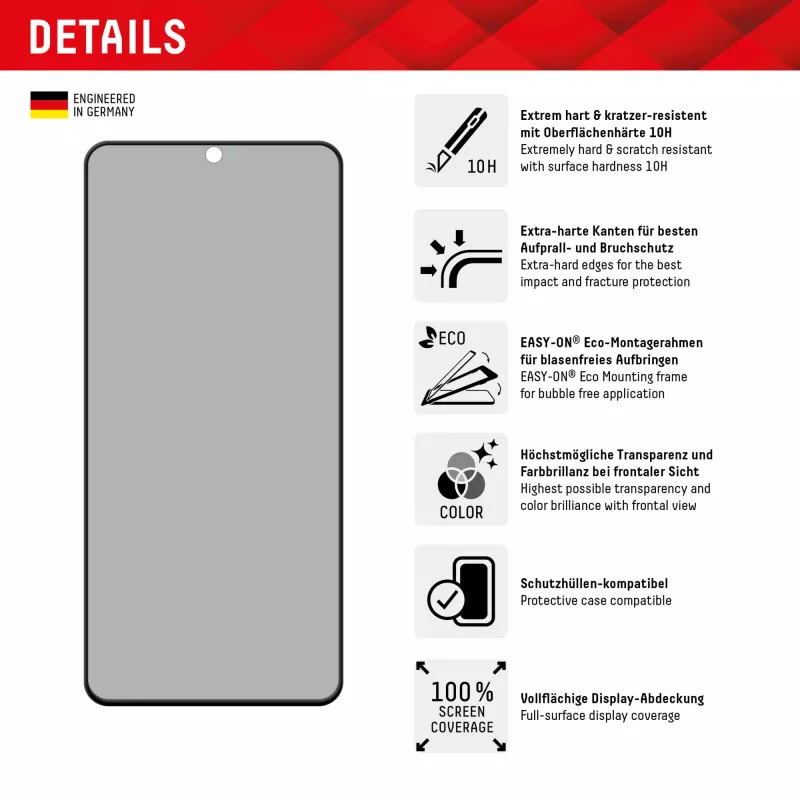 Privacy Screen Protector Displex (10H) per Samsung Galaxy S22/S23, cornice di montaggio Eco, filtro privacy