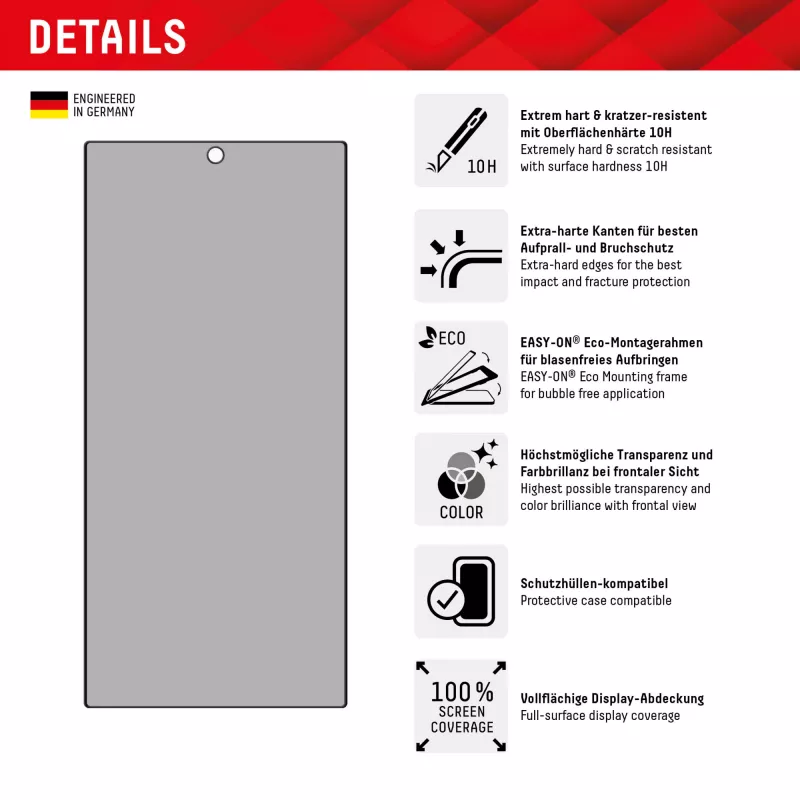 Privacy Screen Protector Displex (10H) per Samsung Galaxy S24 Ultra, Eco Mounting Frame, filtro privacy