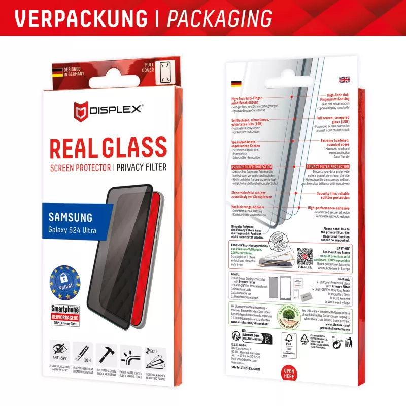 Privacy Screen Protector Displex (10H) per Samsung Galaxy S24 Ultra, Eco Mounting Frame, filtro privacy