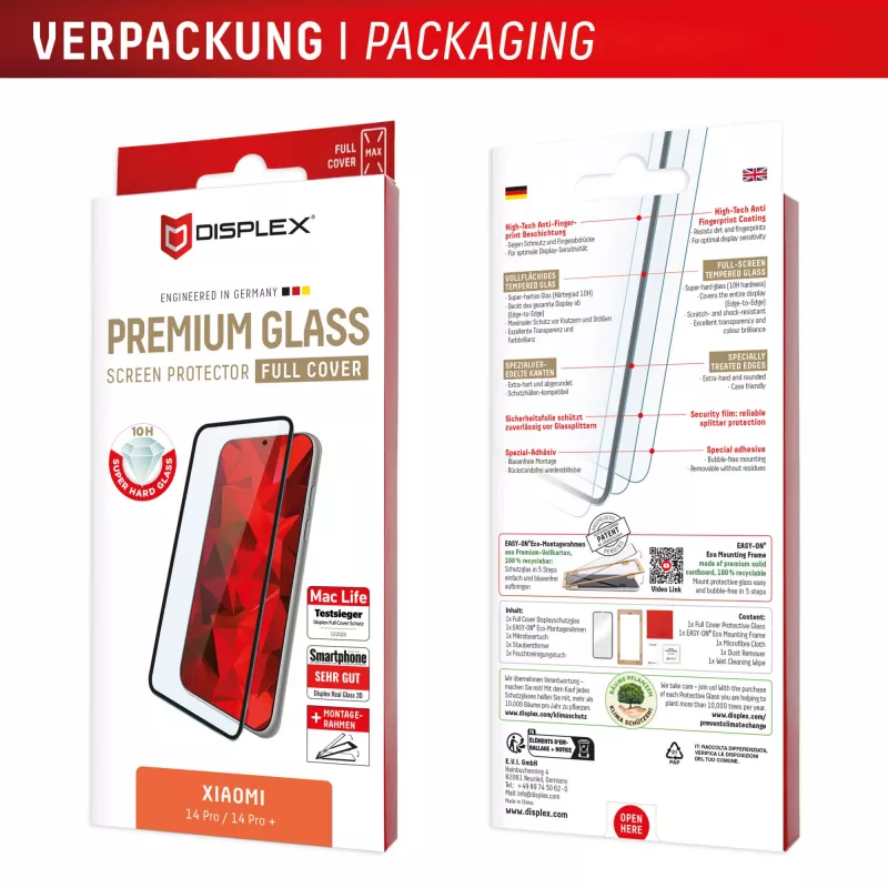 Displex Premium vetro protettivo per display (Full Cover, 10H) per Xiaomi Redmi Note 13 Pro+/Note 14 Pro(+), cornice di montaggio Eco, Full Cover