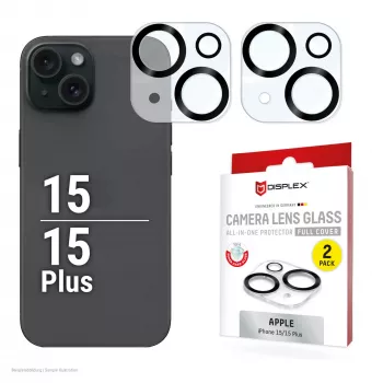 Displex Full Cover vetro per lente fotocamera iPhone 15/15 Plus, 10H, protezione completa fotocamera, Quick Mount, 2 pezzi