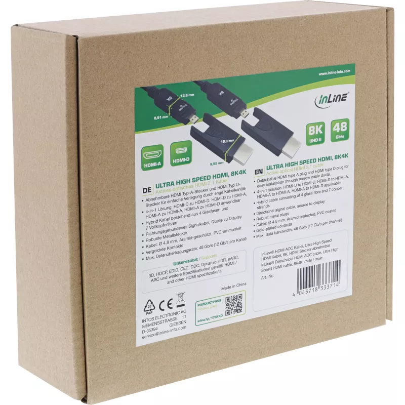 InLine cavo HDMI AOC, Ultra High Speed HDMI, 8K4K, connettore rimovibile, 20m