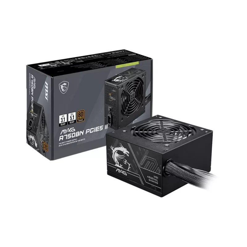 Alimentatore MSI MAG A750BN PCIE5 II 750 W, 24-pin ATX, non modulare, 80 PLUS Bronze, ventola 120 mm, nero