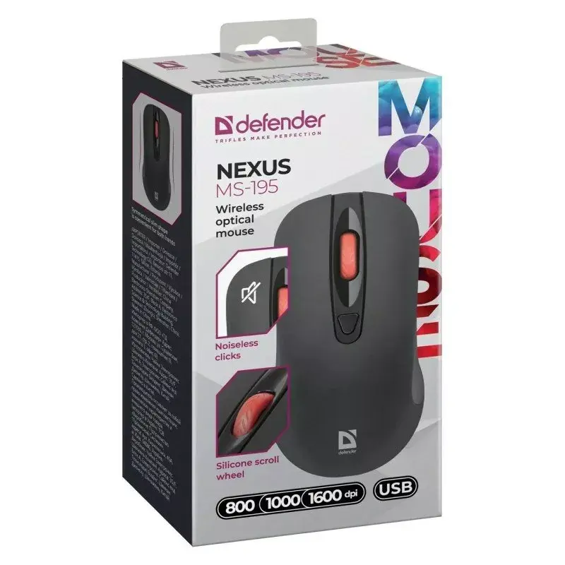 Mouse ottico wireless RF Silent DEFENDER Nexus MS-195 — 1600 DPI, 2,4 GHz, Nano-USB, ambidestro, 2×AAA, nero