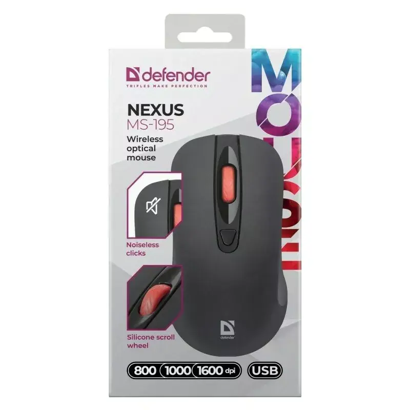Mouse ottico wireless RF Silent DEFENDER Nexus MS-195 — 1600 DPI, 2,4 GHz, Nano-USB, ambidestro, 2×AAA, nero