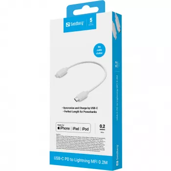 Sandberg USB-C PD su Lightning MFI 0.2M, 0,2 m, Lightning, USB C, connettore maschio, connettore maschio, bianco
