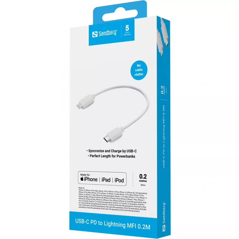 Sandberg USB-C PD su Lightning MFI 0.2M, 0,2 m, Lightning, USB C, connettore maschio, connettore maschio, bianco