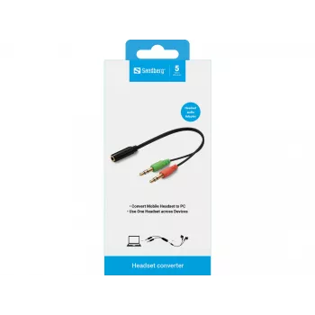 Sandberg adattatore headset (mobile) PC, 2 x 3,5 mm, connettore maschio, 3,5 mm, connettore femmina, nero