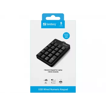 Sandberg tastierino numerico USB con filo, USB, 19, laptop/PC, 1,5 m, nero