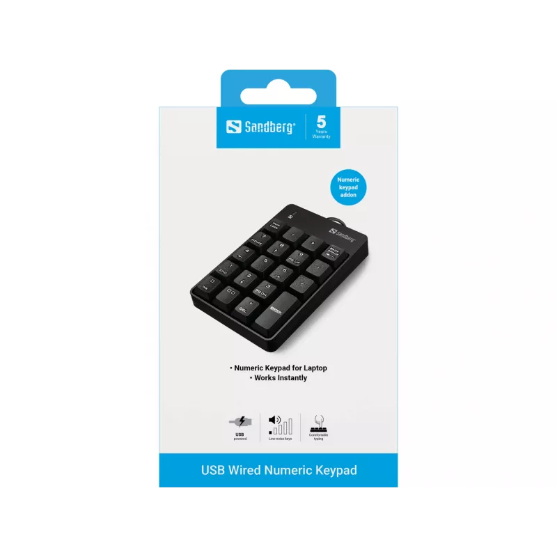 Sandberg tastierino numerico USB con filo, USB, 19, laptop/PC, 1,5 m, nero