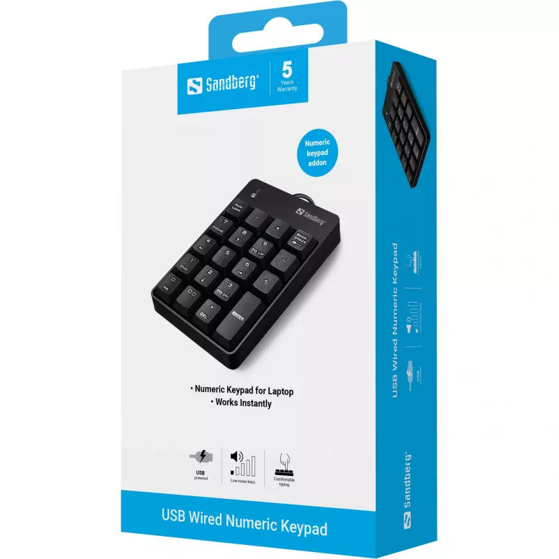 Sandberg tastierino numerico USB con filo, USB, 19, laptop/PC, 1,5 m, nero
