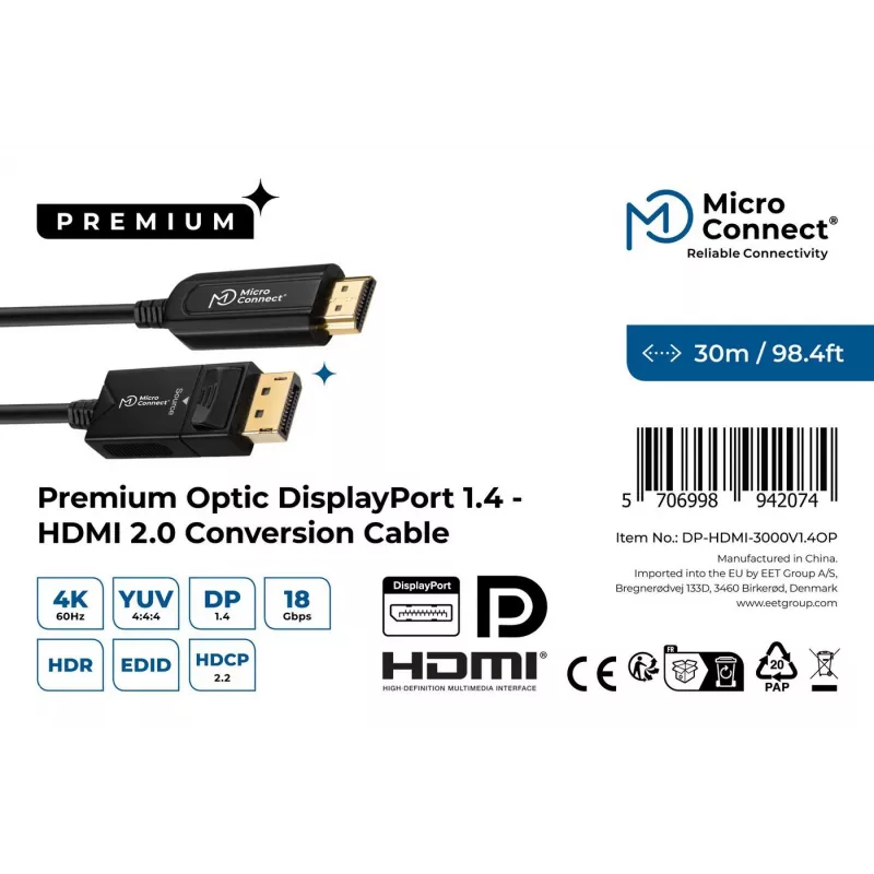 Microconnect DP-HDMI-3000V1.4OP cavo video adattatore 30 m DisplayPort HDMI Type-A (standard) nero