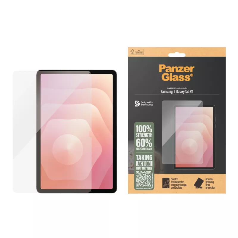 Pellicola protettiva display PanzerGlass per Samsung Galaxy Tab S11 — vetro temperato, PET, silicone, Ultra-Wide Fit, trasparente