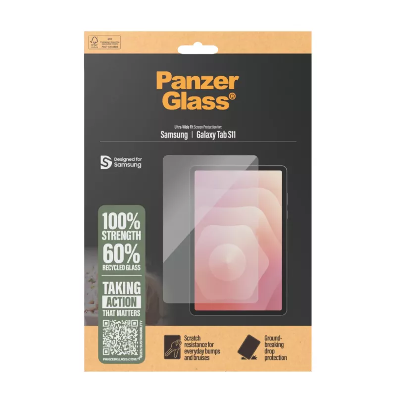 Pellicola protettiva display PanzerGlass per Samsung Galaxy Tab S11 — vetro temperato, PET, silicone, Ultra-Wide Fit, trasparente