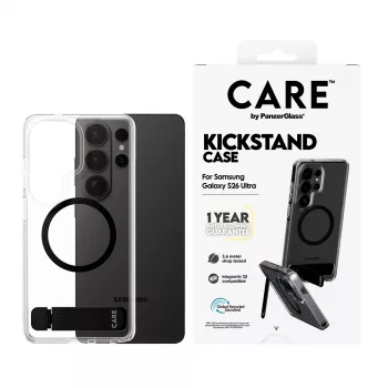 PanzerGlass CARE™ custodia Urban Explorer per Samsung Galaxy S26 Ultra — cover trasparente con kickstand nero e supporto Qi