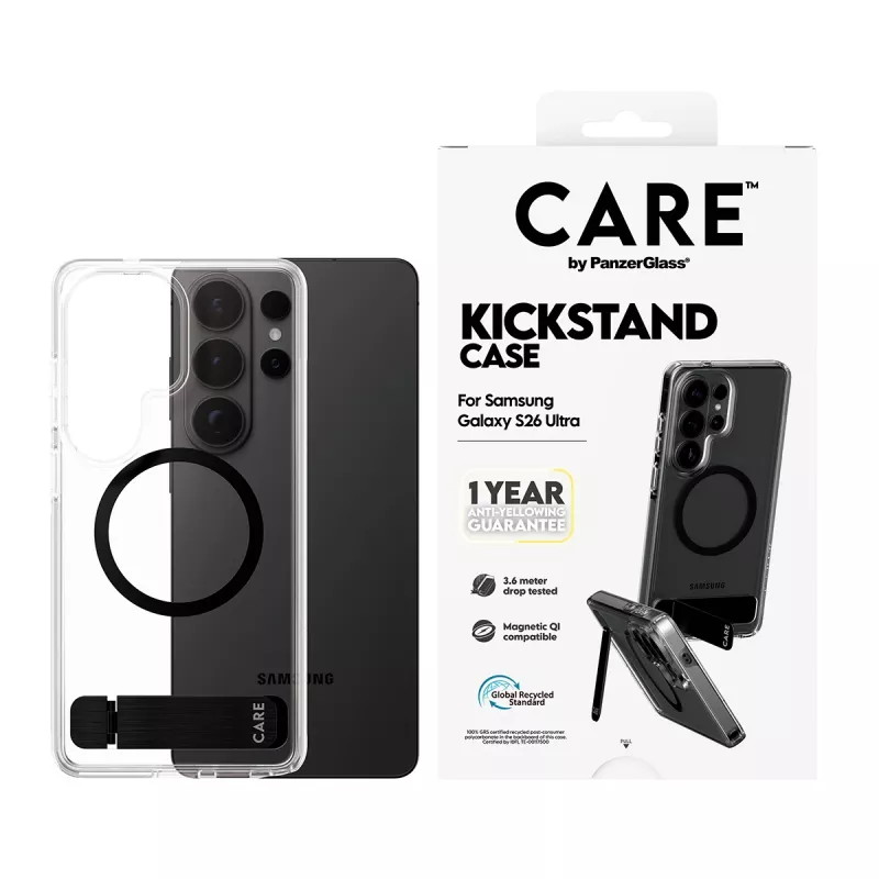 PanzerGlass CARE™ custodia Urban Explorer per Samsung Galaxy S26 Ultra — cover trasparente con kickstand nero e supporto Qi