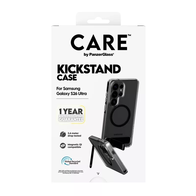 PanzerGlass CARE™ custodia Urban Explorer per Samsung Galaxy S26 Ultra — cover trasparente con kickstand nero e supporto Qi