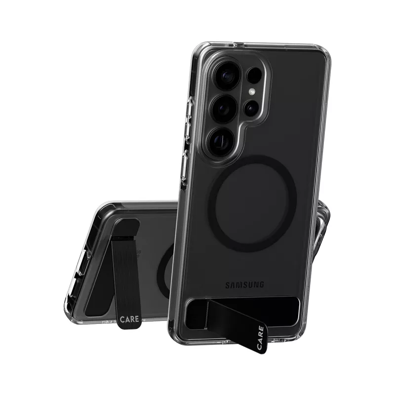 PanzerGlass CARE™ custodia Urban Explorer per Samsung Galaxy S26 Ultra — cover trasparente con kickstand nero e supporto Qi