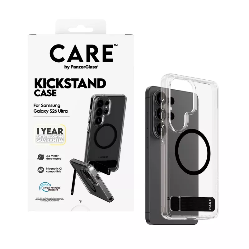 PanzerGlass CARE™ custodia Urban Explorer per Samsung Galaxy S26 Ultra — cover trasparente con kickstand nero e supporto Qi
