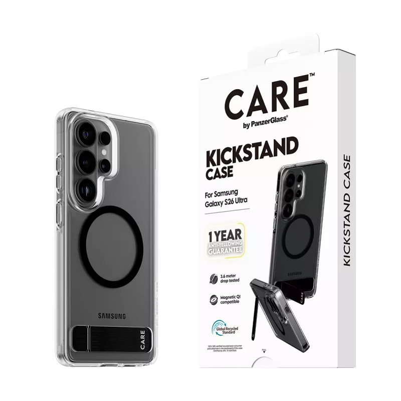 PanzerGlass CARE™ custodia Urban Explorer per Samsung Galaxy S26 Ultra — cover trasparente con kickstand nero e supporto Qi