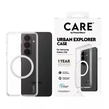 PanzerGlass CARE™ custodia Urban Explorer per Samsung Galaxy S26 — cover trasparente con supporto Qi bianco