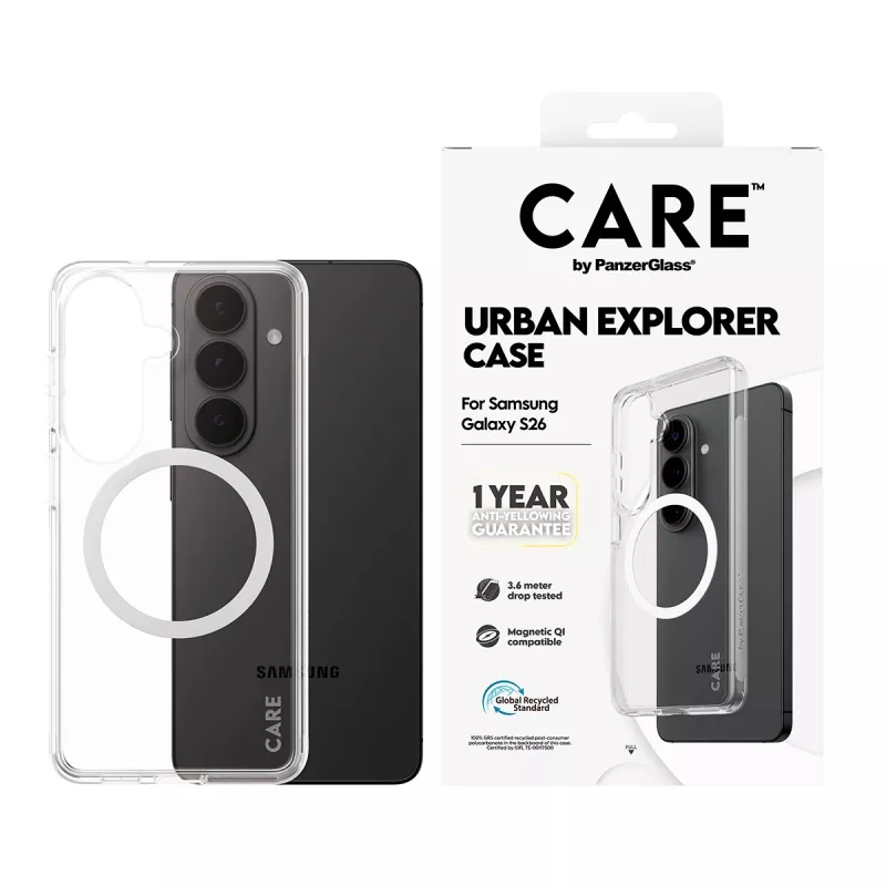 PanzerGlass CARE™ custodia Urban Explorer per Samsung Galaxy S26 — cover trasparente con supporto Qi bianco