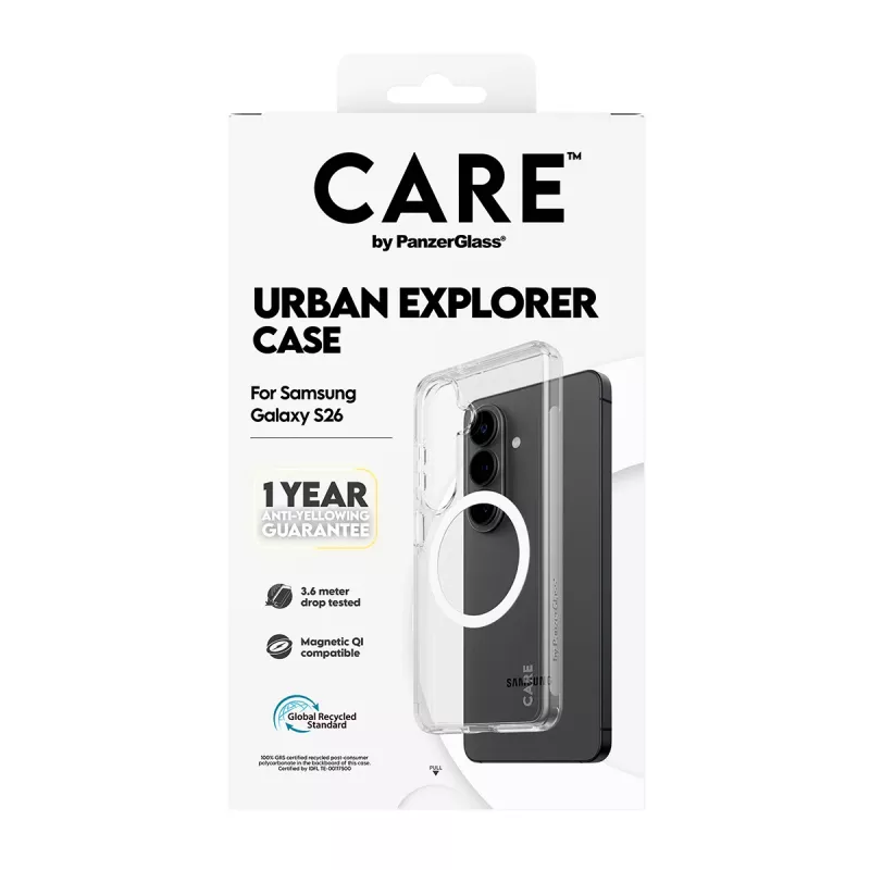PanzerGlass CARE™ custodia Urban Explorer per Samsung Galaxy S26 — cover trasparente con supporto Qi bianco