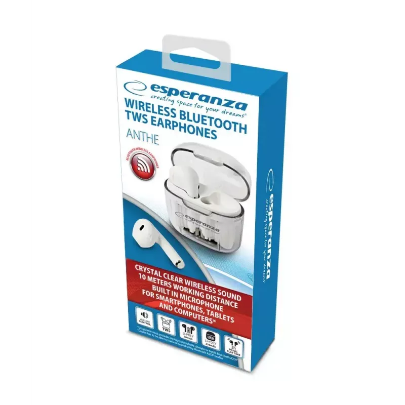 Auricolari in-ear wireless ESPERANZA EH237W — Bluetooth 5.3, controllo touch, batteria 3–4 h, bianco