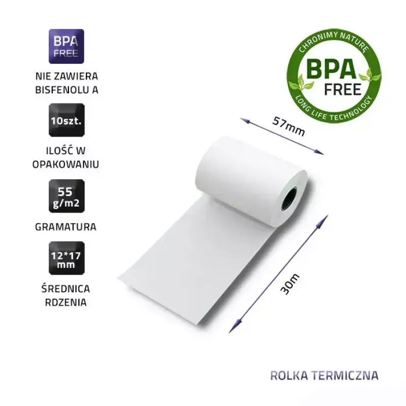 Rotoli termici per cassa QOLTEC 57 x 30 mm 55 g/m² senza BPA, anima 17 mm, 10 pezzi