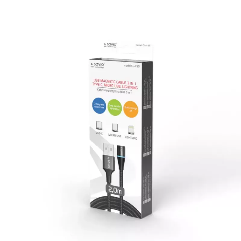 Cavo USB 2.0 SAVIO CL-155, USB A a USB-C / Micro-USB B / Lightning intercambiabile, 2 m, nero