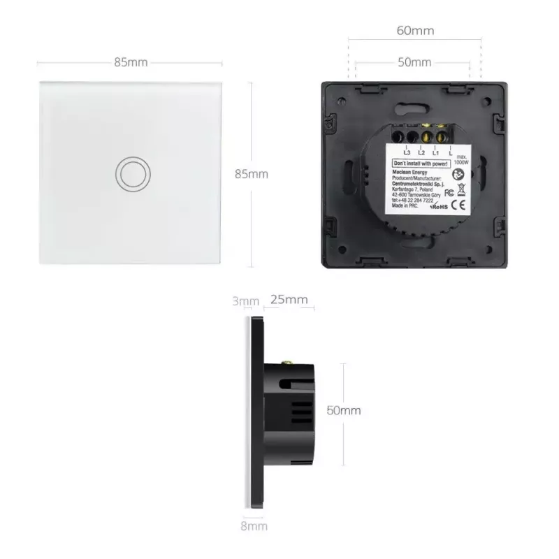Interruttore a sfioramento MACLEAN MCE703W, frontale in vetro, 1 via, 220V