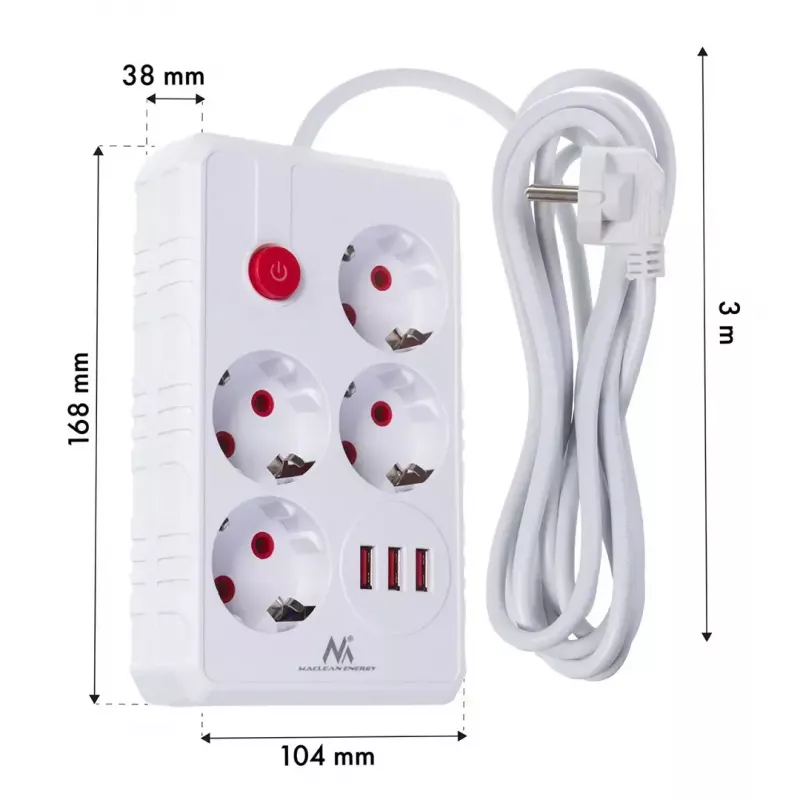 Ciabatta MACLEAN MCE393 W — 4 prese + 3×USB, 110–240V, 2,1A USB, 2500W, 3 m, bianco